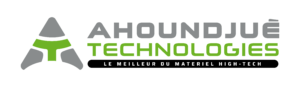 Logo for Ahoundjé Technologies featuring a gray three-pronged emblem with a green cross-shaped center and the company name in gray and lime, plus the tagline ‘Le meilleur du matériel high-tech’ in white.