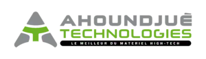 Logo for Ahoundjé Technologies featuring a gray three-pronged emblem with a green cross-shaped center and the company name in gray and lime, plus the tagline ‘Le meilleur du matériel high-tech’ in white.