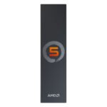 Dark gray vertical panel with a gray circular brush stroke containing an orange 5, AMD logo near the bottom. | Ahoundjuè Technologies Dark gray vertical panel with a gray circular brush stroke containing an orange 5, AMD logo near the bottom.