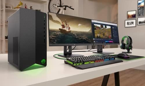 HP gaming desktop with dual monitors showing a ship game, RGB keyboard, and green-lit accents on a white desk with a headset nearby