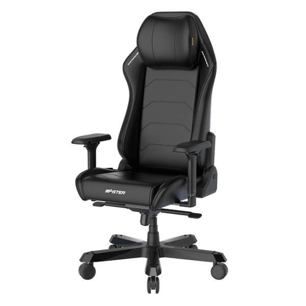 Ergonomic black gaming chair with high back, headrest, and padded armrests on a five-star wheeled base (Master chair)