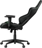 Black ergonomic gaming chair with a tall padded back, green stitching, adjustable armrests, and a wheeled five-star base.