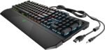 Gaming mechanical keyboard with RGB backlighting, built-in palm rest, and braided USB cable for a wired connection.