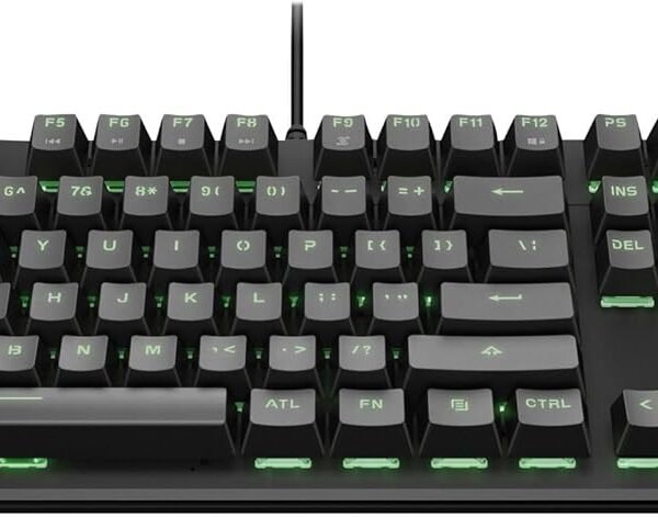 Gaming wired mechanical keyboard with green backlighting and a full set of keys, including a numeric keypad (brand logo on top-right).