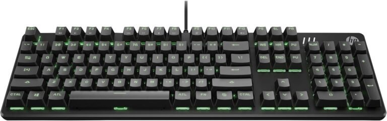 Gaming wired mechanical keyboard with green backlighting and a full set of keys, including a numeric keypad (brand logo on top-right).