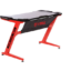 Red gaming desk with a gray tabletop and bold red Z-shaped legs, featuring a black side panel for cable/storage.