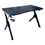 Black carbon-textured desk with angled legs and a cup holder on the left side—a spacious gaming/ workstation桌面.
