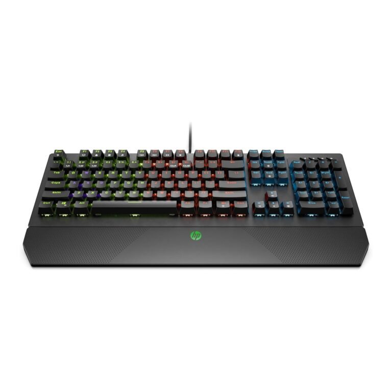 HP keyboard with rainbow RGB backlighting on a dark base (gaming-style full-size keyboard).