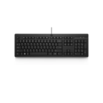 Full-size black wired keyboard with a numeric keypad and an HP logo, viewed from above.
