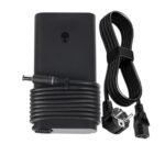 Black wall power adapter with a long coiled cord and detachable two-pin plug.