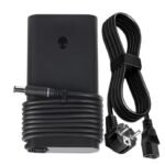 Black wall power adapter with a long coiled cord and detachable two-pin plug.