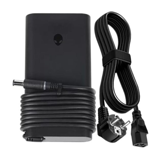 Black wall power adapter with a long coiled cord and detachable two-pin plug.