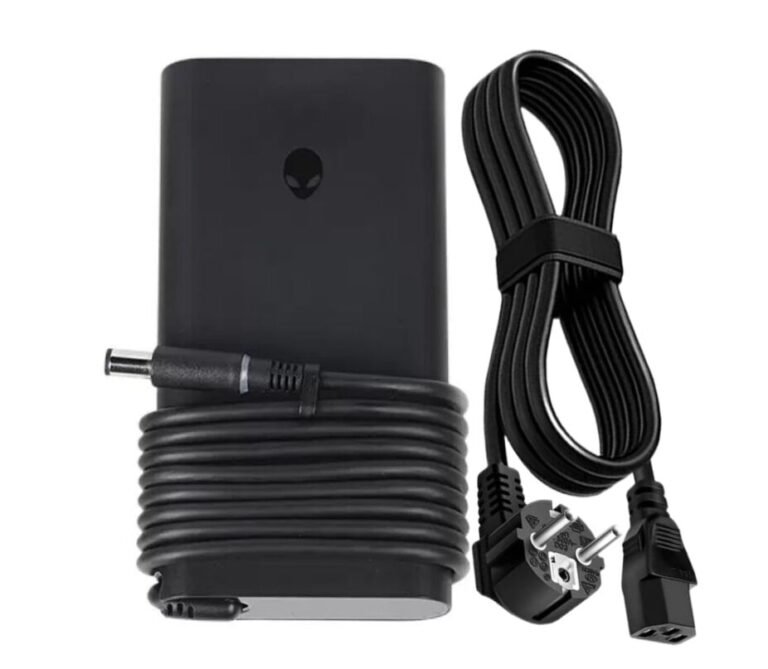 Black wall power adapter with a long coiled cord and detachable two-pin plug.
