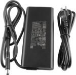 Black laptop power adapter with two cords (AC power cord and DC output cable) laid out, showing the rectangular brick and plug connectors.