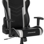 Black and silver DXRacer Prince gaming chair with high back, side bolsters, and wheeled base.