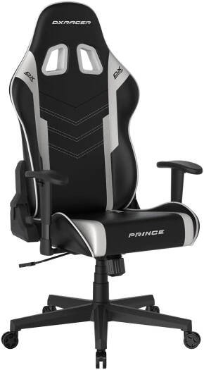 Black and silver DXRacer Prince gaming chair with high back, side bolsters, and wheeled base.