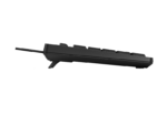 Low-profile black wired keyboard shown from the side with angled feet.