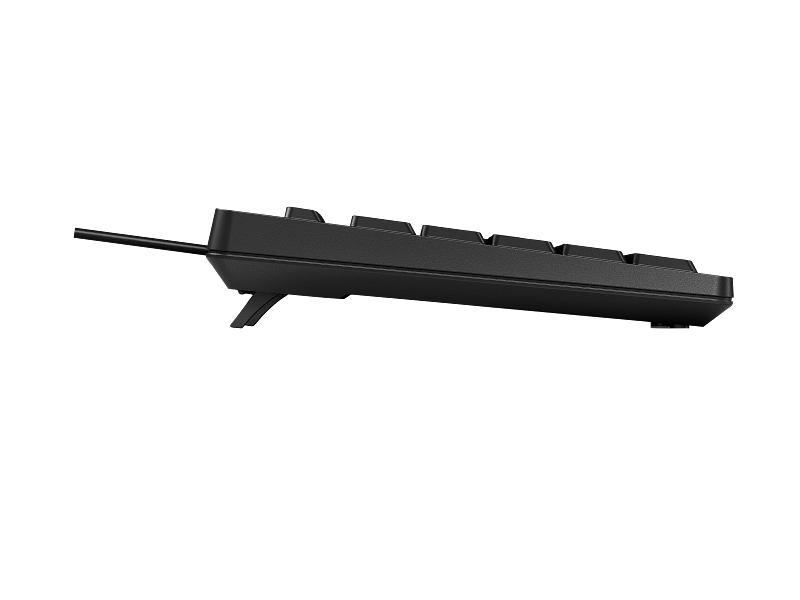 Low-profile black wired keyboard shown from the side with angled feet.