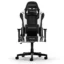 High-back DXRacer Prince gaming chair in black and white with headrest and lumbar cushions on a wheeled base, angled for comfort.