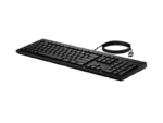 Black wired keyboard with a coiled USB cable, shown from a slight angle on a dark background.