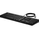 Black wired keyboard with a coiled USB cable, shown from a slight angle on a dark background.