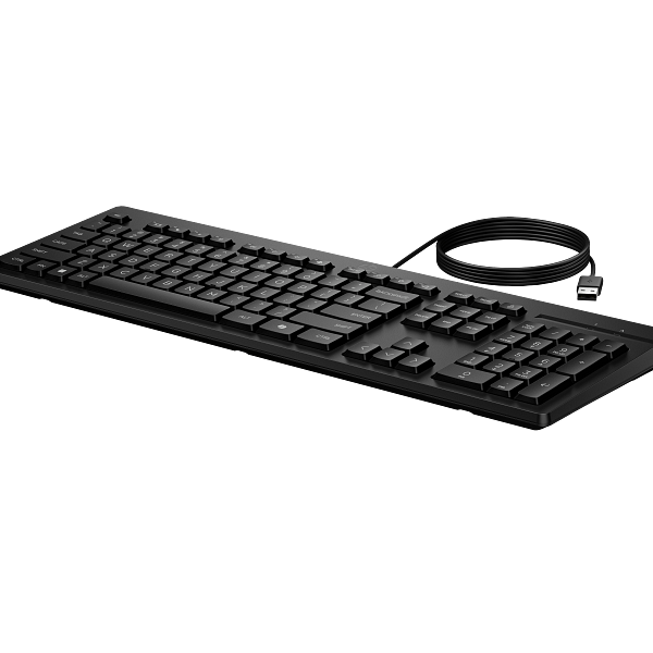 Black wired keyboard with a coiled USB cable, shown from a slight angle on a dark background.