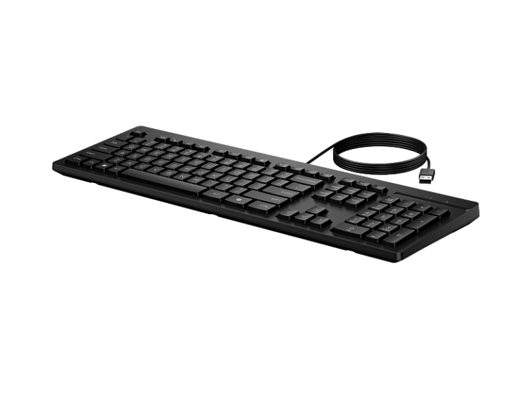 Black wired keyboard with a coiled USB cable, shown from a slight angle on a dark background.