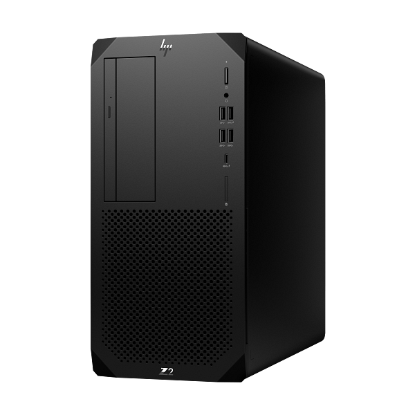 Front view of a black desktop tower with a perforated intake panel, USB ports, audio jacks, power button, and optical drive bay.