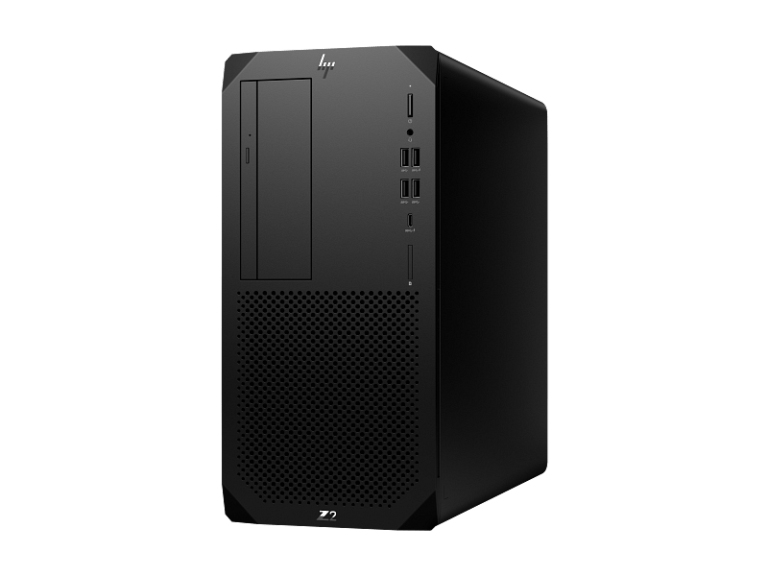 Front view of a black desktop tower with a perforated intake panel, USB ports, audio jacks, power button, and optical drive bay.