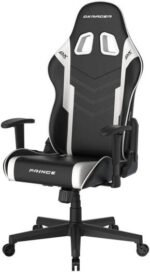 Black and gray DXRacer Prince gaming chair with a high back, bucket seat, padded armrests, and a five-wheel base.