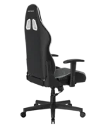 Black DXRacer gaming chair with a tall back, adjustable armrests, and a five-wheel base for stability and mobility.