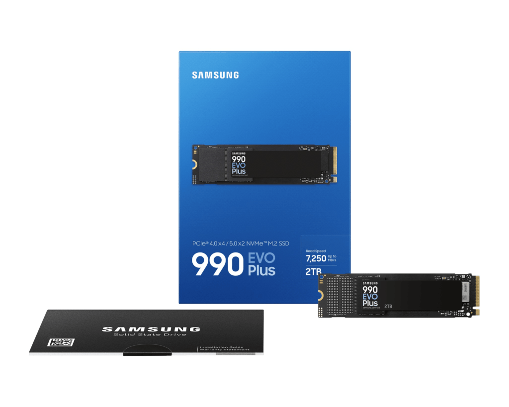 Blue Samsung packaging featuring multiple EVO Plus NVMe SSDs, including 990 EVO Plus models, arranged on the box.