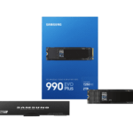 Blue Samsung packaging featuring multiple EVO Plus NVMe SSDs, including 990 EVO Plus models, arranged on the box.