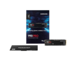 Samsung 990 PRO 2TB PCIe 4.0 NVMe M.2 SSD packaging with the drive and quick-start guide on a white background.”