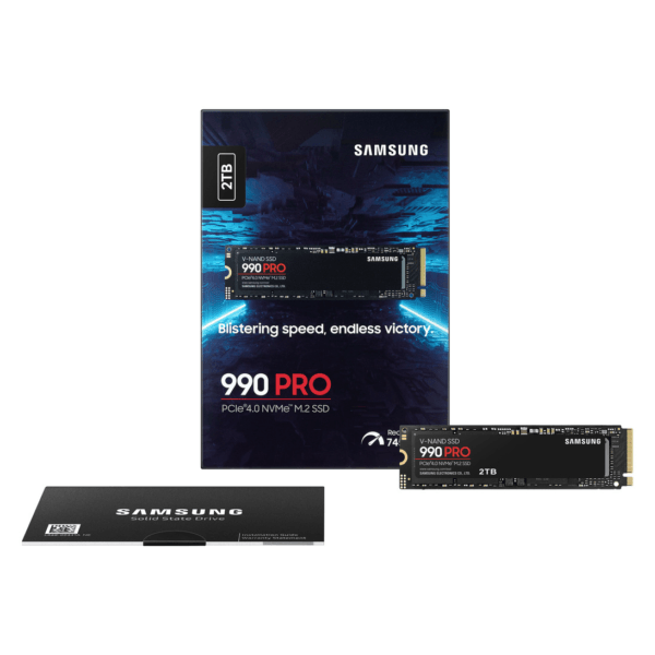 Samsung 990 PRO 2TB PCIe 4.0 NVMe M.2 SSD packaging with the drive and quick-start guide on a white background.”