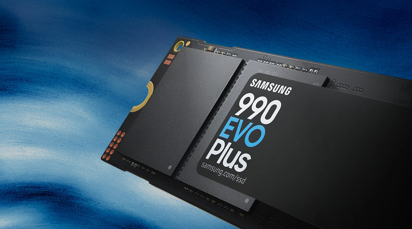 Samsung 990 EVO Plus solid-state drive (SSD) module tilted on a blue background, showing branding and circuitry edge.