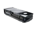 GeForce RTX graphics card with black angular shroud and cooling fins, shown at an angle.