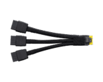 Braided black PCIe power splitter cable with three connectors on one end and a single 6-pin connector on the other.