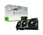 GeForce RTX 5080 Suprim graphics card with silver box and three-fan cooler design shown beside the box title 'SUPRIM' and green 5080 label on box side (product image).