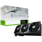 GeForce RTX 5080 Suprim graphics card with silver box and three-fan cooler design shown beside the box title 'SUPRIM' and green 5080 label on box side (product image).