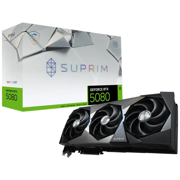GeForce RTX 5080 Suprim graphics card with silver box and three-fan cooler design shown beside the box title 'SUPRIM' and green 5080 label on box side (product image).