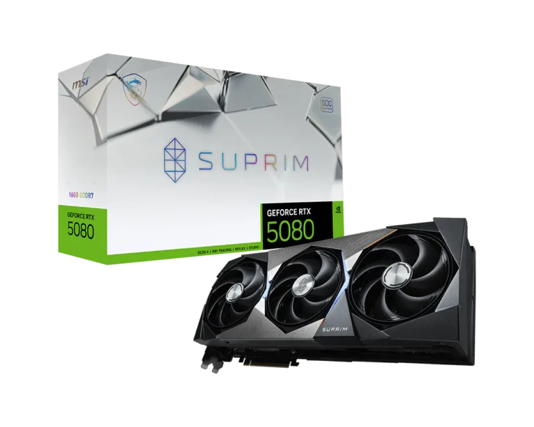 GeForce RTX 5080 Suprim graphics card with silver box and three-fan cooler design shown beside the box title 'SUPRIM' and green 5080 label on box side (product image).