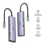 Metal USB-C multiport hub with braided cable, showing two monitor outputs, three USB 3.0 ports, 3.5mm audio, and SD/TF card reader (UGREEN). | Ahoundjuè Technologies Metal USB-C multiport hub with braided cable, showing two monitor outputs, three USB 3.0 ports, 3.5mm audio, and SD/TF card reader (UGREEN).