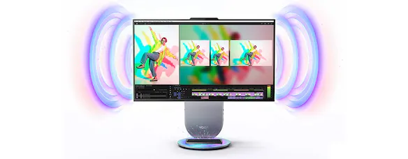 Monitor on a pedestal showing a video editing timeline with colorful motion graphics and three preview panels, framed by neon blue rings.