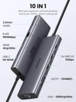 Slim USB-C hub with 4K HDMI, VGA, USB-A ports, SD/TF, USB-C PD, RJ45 Ethernet, and 3.5mm audio on a metallic adapter. | Ahoundjuè Technologies Slim USB-C hub with 4K HDMI, VGA, USB-A ports, SD/TF, USB-C PD, RJ45 Ethernet, and 3.5mm audio on a metallic adapter.
