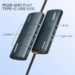 Plug-and-play Type-C USB hub with three USB 3.0 ports and PD/4K HDMI on a blue-gray device against a light gradient background