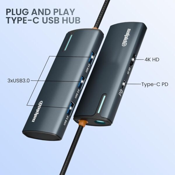 Plug-and-play Type-C USB hub with three USB 3.0 ports and PD/4K HDMI on a blue-gray device against a light gradient background