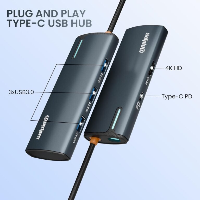 Plug-and-play Type-C USB hub with three USB 3.0 ports and PD/4K HDMI on a blue-gray device against a light gradient background