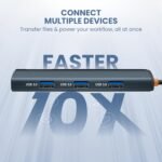 USB hub with three USB 3.0 ports against a blue gradient, illustrating connecting multiple devices for faster file transfer.