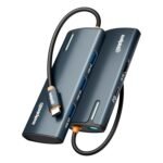 Blue-gray USB-C multiport hub with four USB 3.0 Type-A ports and a braided cable